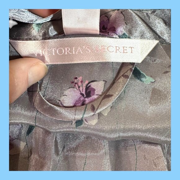 Victorias Secret Floral Satin Robe Waist Tie Flowers One Size Silver Purple - Picture 4 of 8